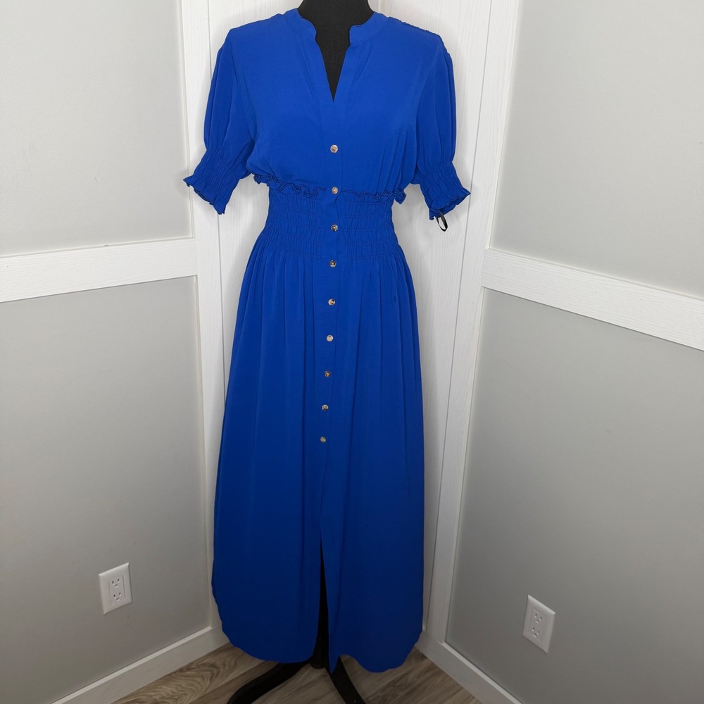 Enfocus Studio Maxi Dress Womens 4 Neon Royal Blue Smocked Waist V-Neck 15193